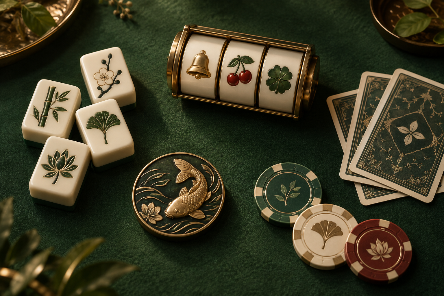 Gulungan slot, ubin, kartu dan keping di meja kasino hijau